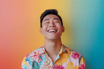 Wall Mural - A man in a Hawaiian shirt laughing against a colorful background