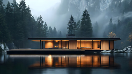 Poster - Modern cabin on a lake with mountain backdrop.