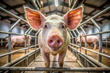 closeup of pig raised in industrial animal farm metal cage