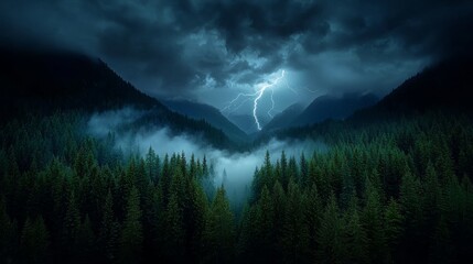 Wall Mural - a dramatic storm scene with lightning striking a green forest, highlighting the power of nature with