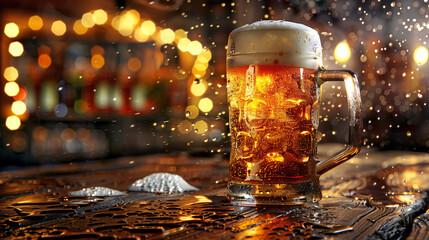 Wall Mural - Glass of beer on wooden table in a pub. Close up.