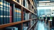 © Elmira - Closeup of shelves filled with law books and documents in a legal office, highlighting the organized and professional environment suited for legal work