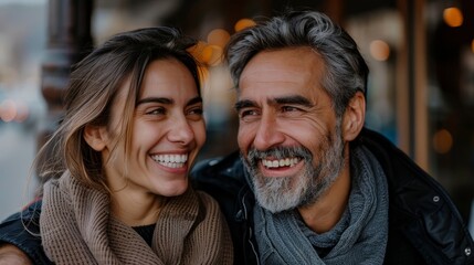 Wall Mural -  A man and a woman smile while posing for a photo in front of a city street, lit up with background lights