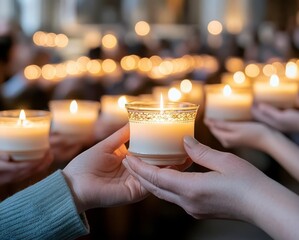 A solemn and beautiful scene of a religious procession in a church during Candlemas The focus is on the hands of people holding lit candles