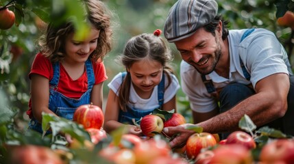 Wall Mural -  A man and two children pick apples from an apple tree in an orchard Apples dot the foreground