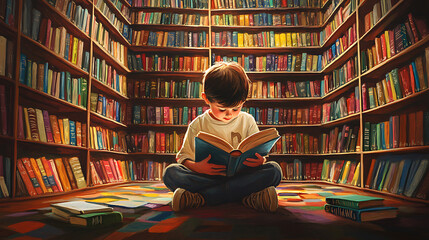 A young boy reading a book in a quiet library, surrounded by shelves of colorful books 