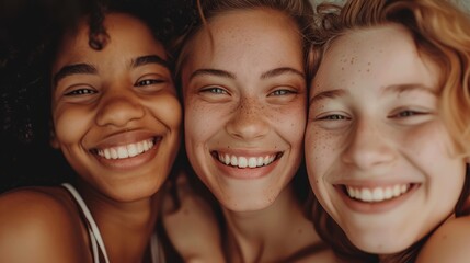 Wall Mural -  A cluster of youthful women, beaming at the camera, exhibit freckles on their countenances