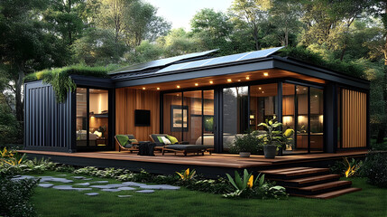 Poster - Modern cabin with green roof in a forest setting.