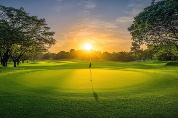 Golf teeing ground in golf course with sunrise background with generative ai