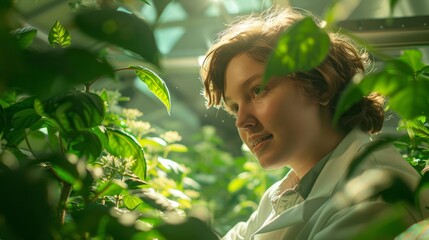 Wall Mural -  A woman gazes out of a green room's window, wearing a white shirt Plants occupy the foreground