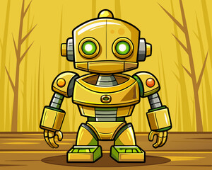 cartoon vector illustration of yellow robot, isolated wooden brown background, funny technology machine character