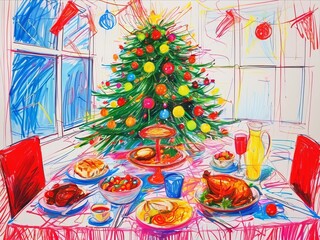 Wall Mural - Christmas dinner and tree in chaotic scribbles crayon drawing style