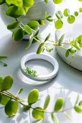 Wall Mural - Green Leaves and White Ring on a White Background.