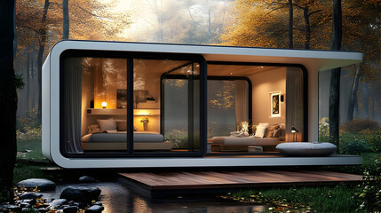 Sticker - Modern Cabin in Autumn Forest 3D Illustration