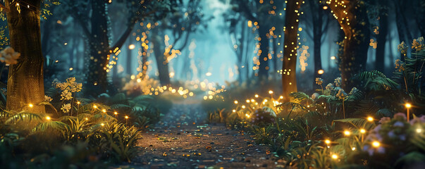 Poster - Enchanted Forest Path with Fairy Lights.