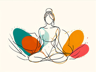 Wall Mural - Woman in relax lotus pose in single line drawings with colorful spots