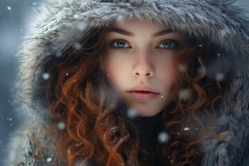 Poster - Enchanting young woman with striking blue eyes and curly hair, wrapped in a furry hood, amidst gently falling snow