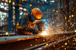 © Dmitry - Construction welder in protective clothing and helmet welding steel. Bright sparks illuminating the workspace. Metalworking and industrial labor concept for posters, banners and advertising