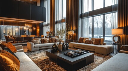 Wall Mural - This elegant living room features a mix of contemporary and classic furniture, with large windows showcasing a peaceful outdoor view during twilight