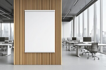 Computers in a row and a panoramic window. Business room interior mockup.