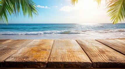 Wall Mural - A wooden table set against a breathtaking beach view, capturing the essence of tropical relaxation as the sun sets over the ocean waves