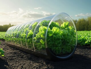 Modern Greenhouse with Fresh Lettuce Growing in a Sunlit Field, Sustainable Agriculture Concept