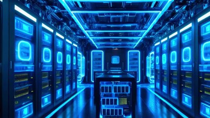 A long hallway with rows of servers illuminated by blue neon lights, creating a futuristic and technological ambiance.