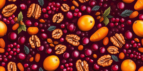 Wall Mural - Autumnal variety of cranberries, pecans, and sweet potatoes against a rich burgundy field, seamless pattern