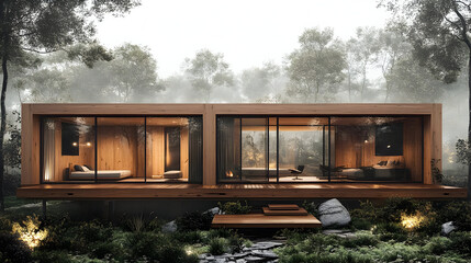 Poster - Modern wooden cabin with large windows overlooking a forest.