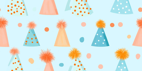 Sticker - Bright, cone-shaped party hats with polka dots and fluffy pom-poms, seamless pattern