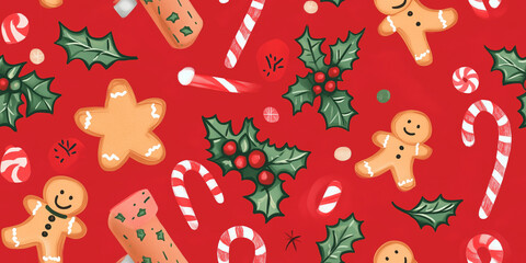 Poster - Christmas mix of candy canes, gingerbread men, and holly leaves on a bright red background, seamless pattern