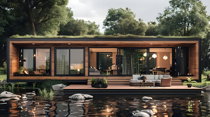 Poster - Modern Minimalist Cabin by the Pond - 3D Illustration