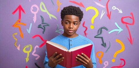 Child with a book in her hands, colorful arrow lines with a question mark