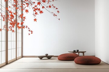 Wall Mural - Empty minimalist japanese style living room with red maple leaves decorating the wall