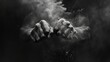 © Oskar Reschke - A monochromatic photograph captures the essence of martial arts, with a pair of clenched fists surrounded by a cloud of powdered chalk, frozen in the midst of a powerful strike.