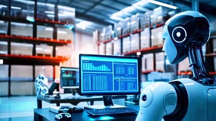 A robot working in a warehouse with a computer showing data on the screen.