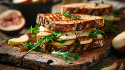 Wall Mural - a gourmet grilled cheese sandwich, with melted brie, fig jam, and arugula, served on a wooden board with a side of fresh apple slices