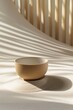 © EdvvinStudios - Empty ceramic bowl standing on white sand with sunlight creating abstract shadows
