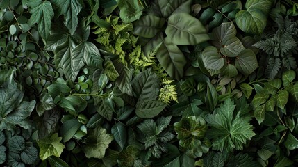 Wall Mural - A close-up view of a vibrant green foliage texture composed of a diverse assortment of leaves. The leaves are in various shapes and sizes, creating a rich and textured backdrop. The vibrant green colo