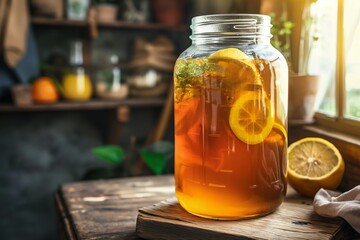 Wall Mural - A jar of tea with lemon slices in it sits on a wooden table. The scene is cozy and inviting, with a sense of warmth and comfort