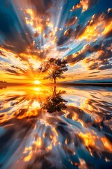 Poster - Sunset Reflection in Water with Tree Silhouette.