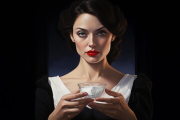 Wall Mural - Striking portrait of a woman with classic beauty holding a translucent cup, against a dark background