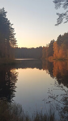 Wall Mural - Stunning Autumn Sunset Reflections Over Forest Lake  