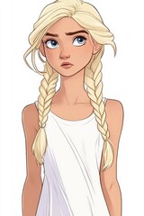 Wall Mural - A charming cartoon character with blond twin braids, dressed in a sleeveless white dress, exuding playful elegance.