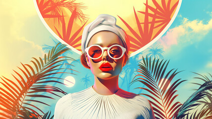 Wall Mural - Retro portrait of a young, confident, and attractive girl standing in front of a row of palm trees during sunset on hot tropical days, with vibrant, strong, and summer colors