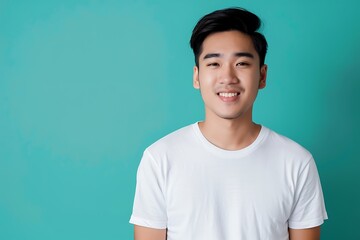 Wall Mural - Smiling Man in a White T-shirt Against a Turquoise Background