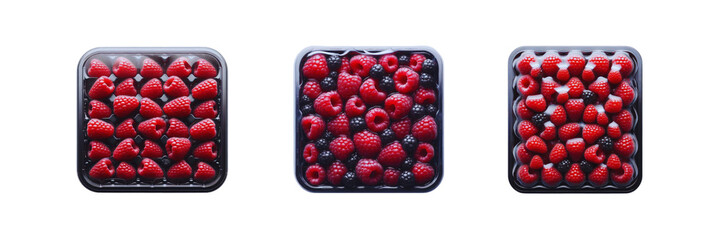 Wall Mural - Set of pack of Raspberries in transparent Packaging, isolated over on transparent white background