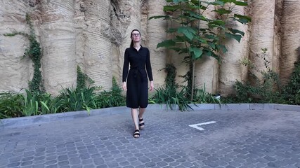 Canvas Print - Woman walking in the city wearing elegant black dress