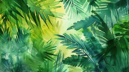 Wall Mural - The painting is of a lush, tropical jungle with vibrant green palm leaves. The leaves are painted in a watercolor style, with delicate strokes and washes of color. The light shines through the leaves,