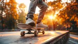  A person rides a skateboard atop a wooded park platform, sun illuminating tree canopies